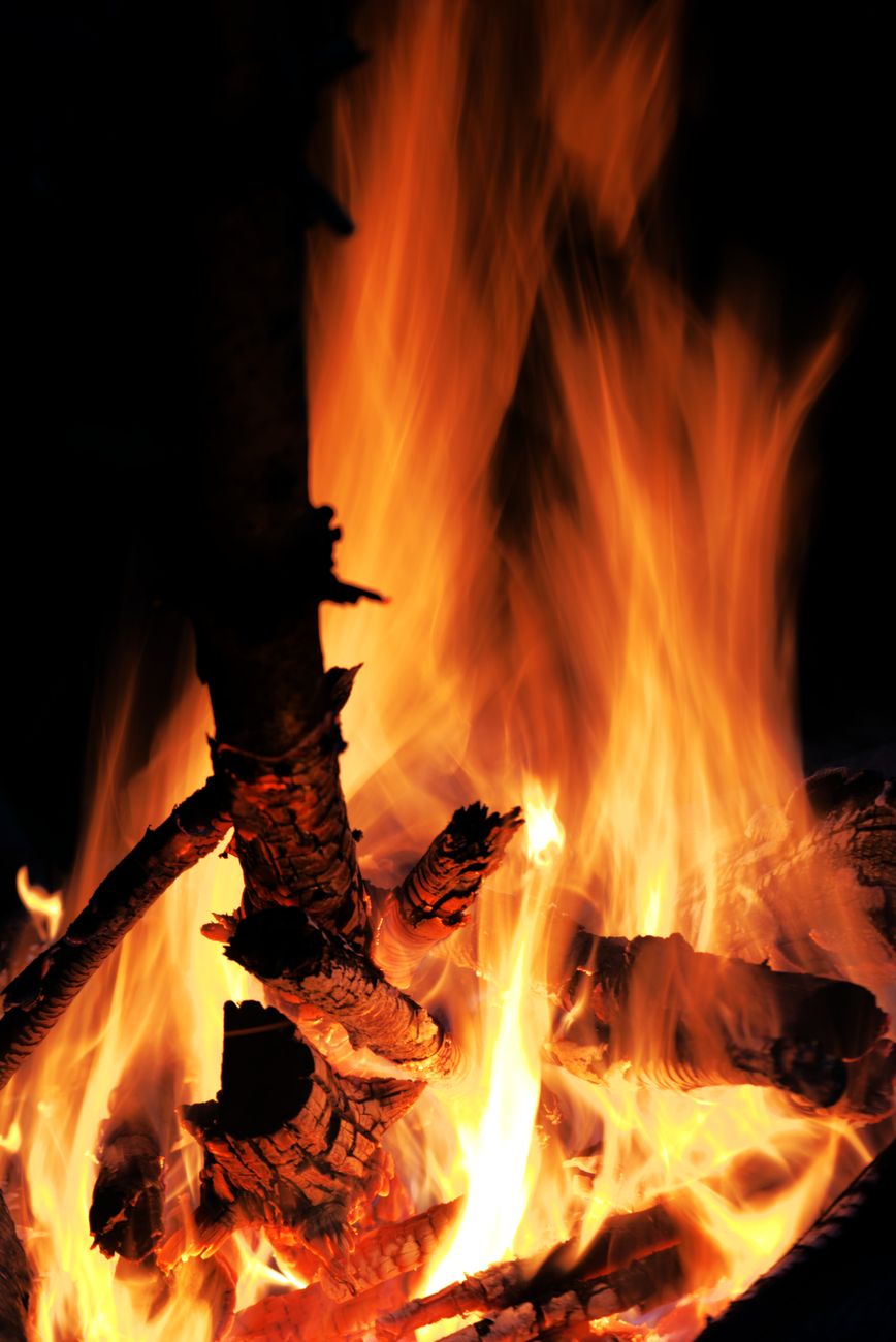 Close-up of a crackling bonfire with vivid flames dancing in the night.